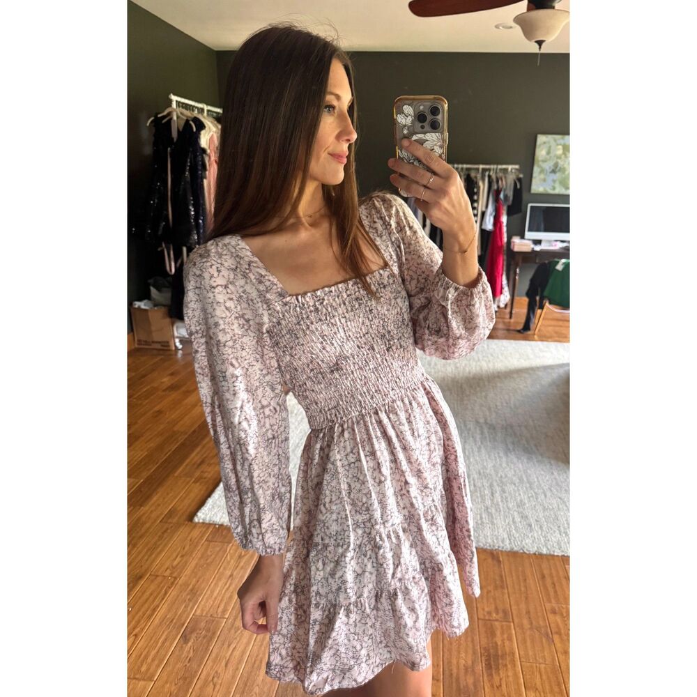 Self Contrast Anthropologie Pink Gray Smocked Floral Mini Dress Summer Small